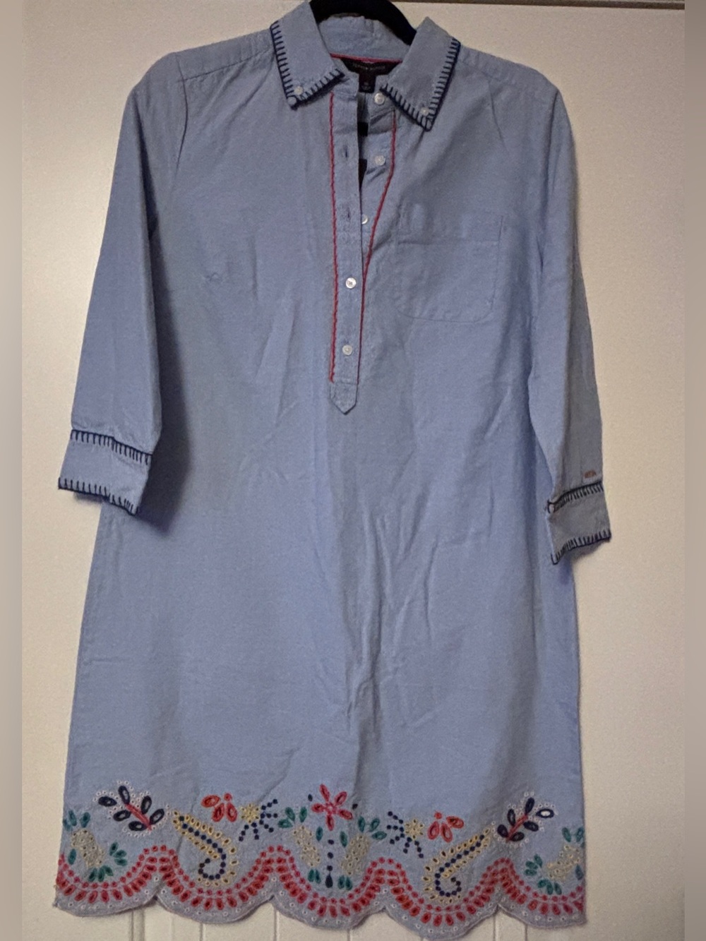 Tommy Hilfiger Light Blue Embroidered Casual Button-Down Dress, small
